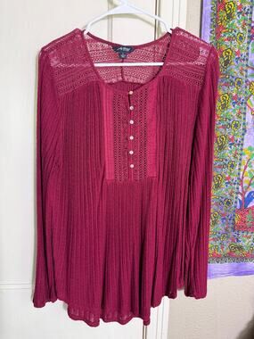 Lucky Brand Burgundy Ribbed Lace Boho Peasant Top - Large